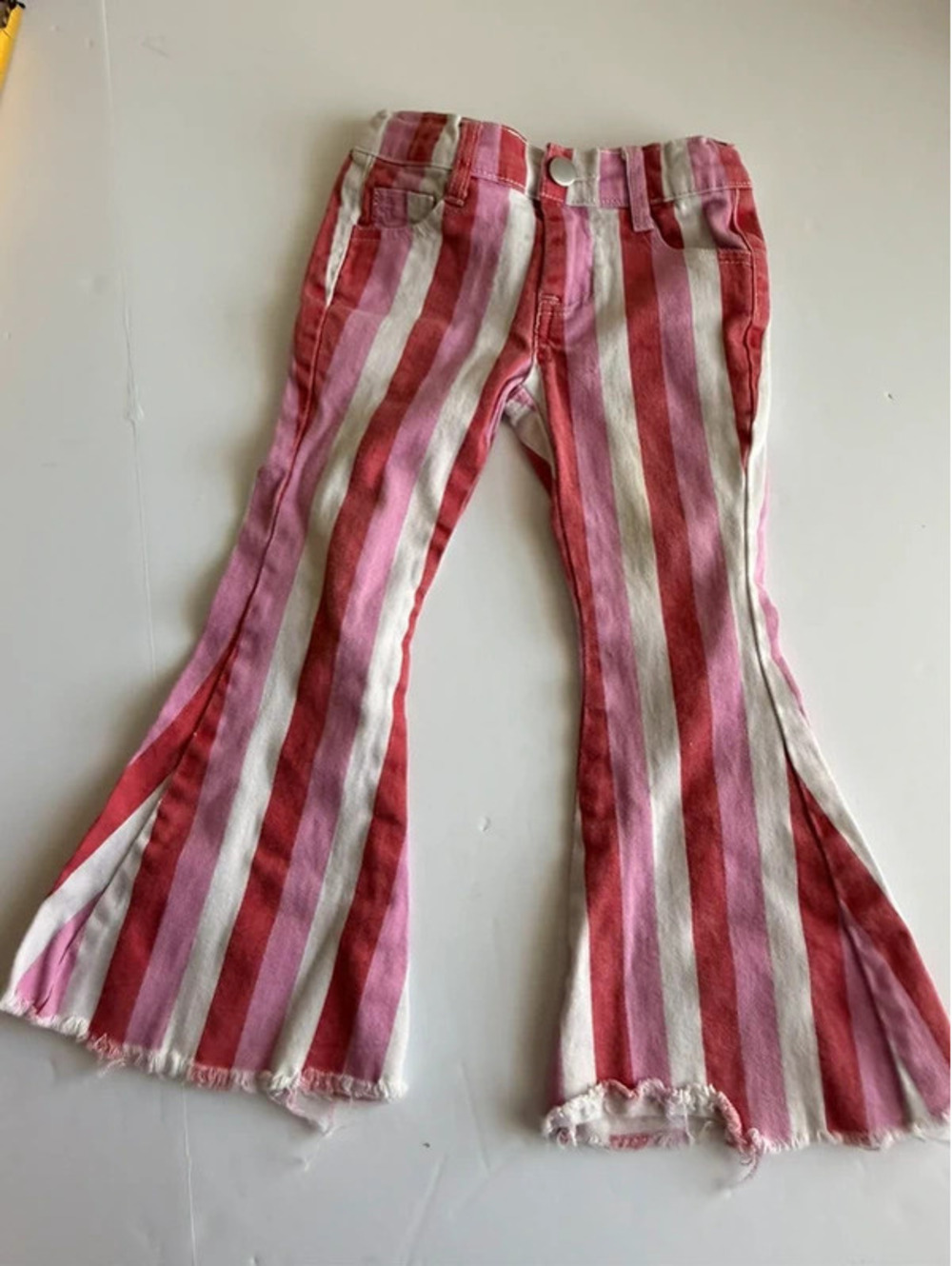 Kids Size S Red Pink White Striped Flare Pants Raw Hem 2T